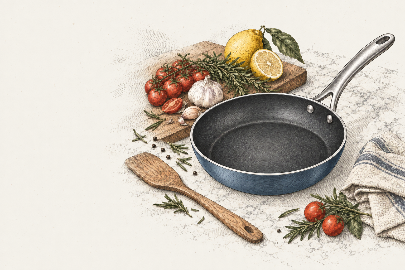 Slate-blue frying pan arranged with fresh ingredients and utensils on a warm stone kitchen island